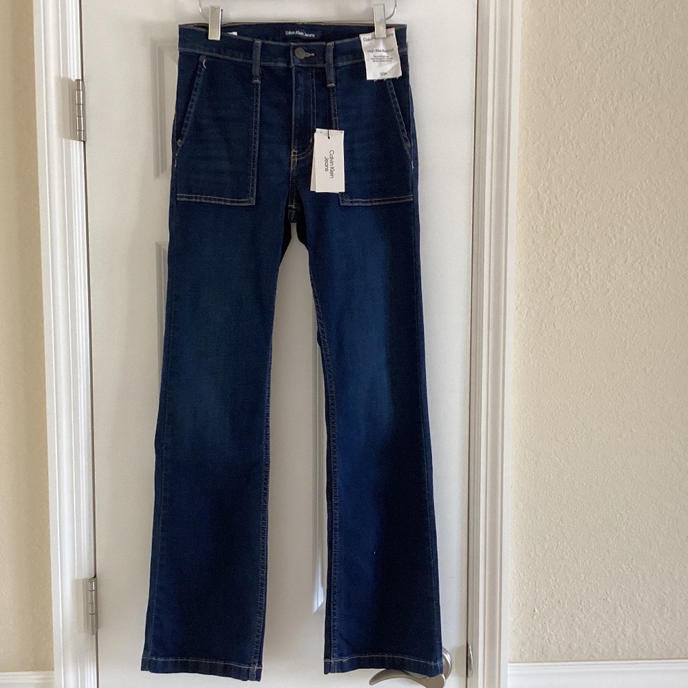 Calvin Klein Jeans High Rise Boot Cut Dark Denim Wash Patch Pockets Jeans Pants